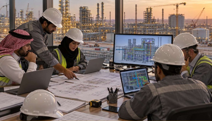 Project team reviewing technical plans, illustrating integrated delivery